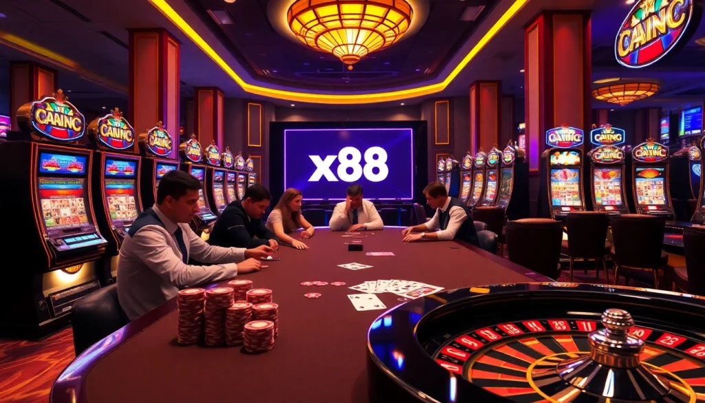 Players engaging in high-stakes poker at an x88-themed casino table, showcasing excitement and luxury.
