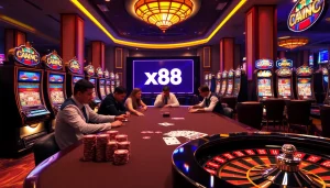 Players engaging in high-stakes poker at an x88-themed casino table, showcasing excitement and luxury.
