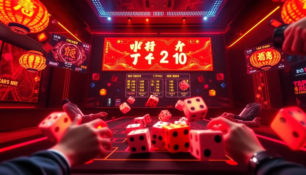 Tài Xỉu game interface with rolling dice and vibrant graphics, showcasing an exciting online gambling experience.