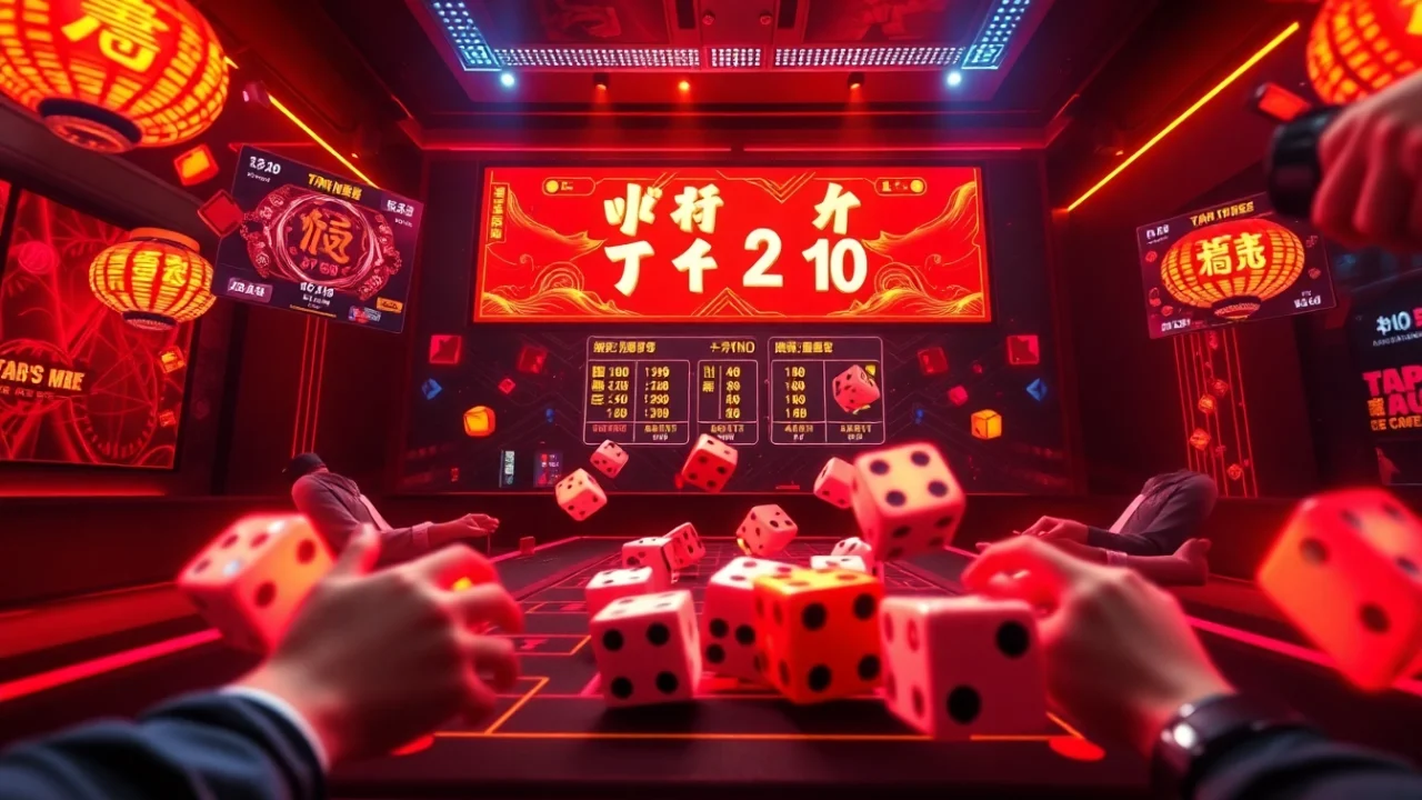 Tài Xỉu game interface with rolling dice and vibrant graphics, showcasing an exciting online gambling experience.