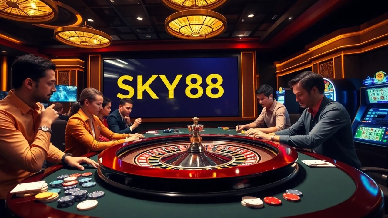 Engaging roulette game at SKY88 bị bắt casino with players placing bets and colorful chips.