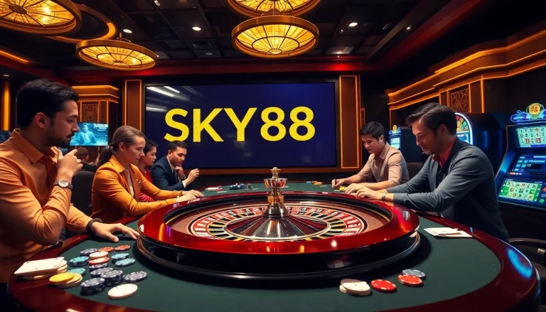 Engaging roulette game at SKY88 bị bắt casino with players placing bets and colorful chips.