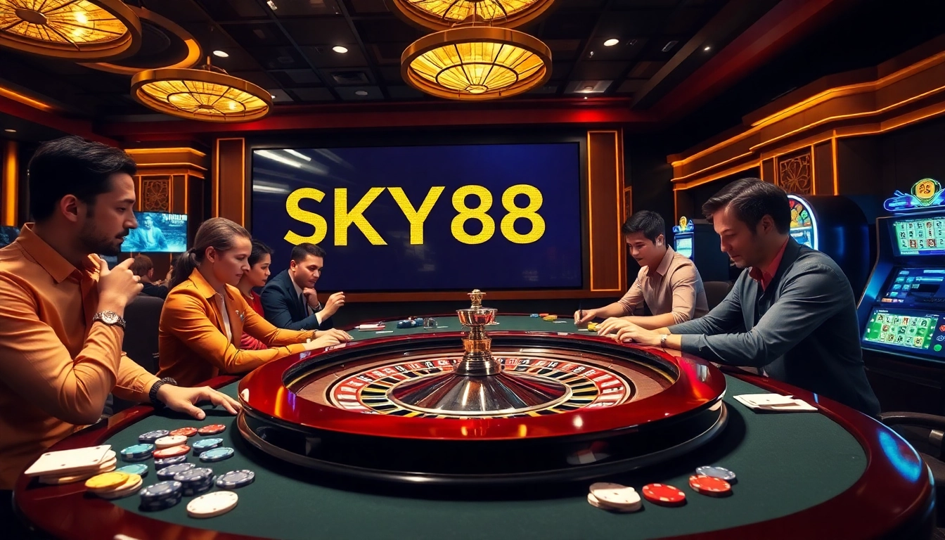 Engaging roulette game at SKY88 bị bắt casino with players placing bets and colorful chips.