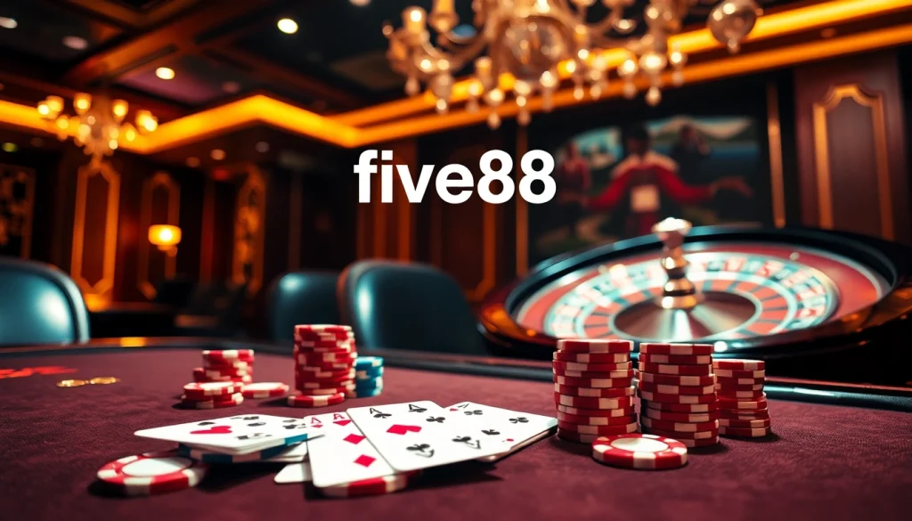 Engage in thrilling gameplay at five88 with vibrant poker chips and a roulette wheel.