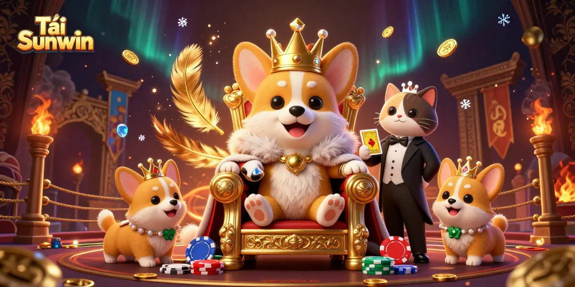 Tải Sunwin with a festively illustrated royal corgi and a charming cat butler presenting a golden card deck in a luxurious casino setting.