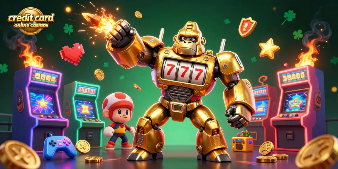 Engage with credit card online casinos through a vibrant 3D illustration of a golden gorilla mech with slot features.