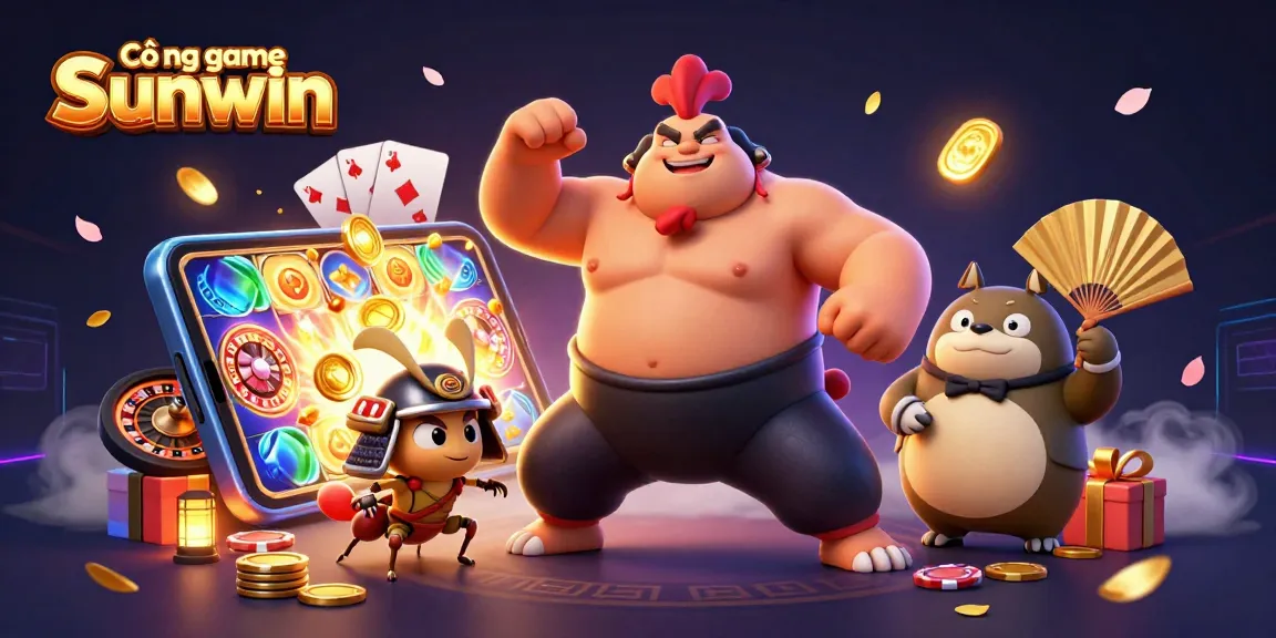 Cổng game Sunwin showcases an exhilarating battle scene with unique characters in a casino-themed 3D illustration.