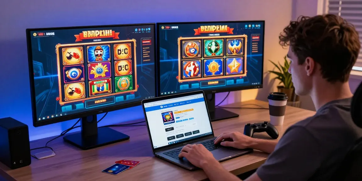 Engaged player at home desk exploring pavilions.org.uk for credit card casinos and gaming options.