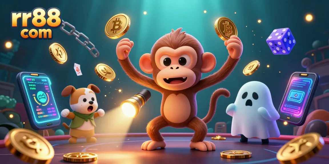 Engage with rr88 com to uncover treasures in a lively 3D casino scene filled with golden objects and cryptocurrencies.