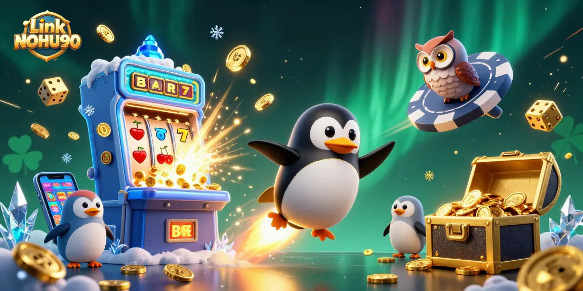 Experience the excitement of Link NOHU90 with colorful casino elements bursting with golden coins and jackpots.