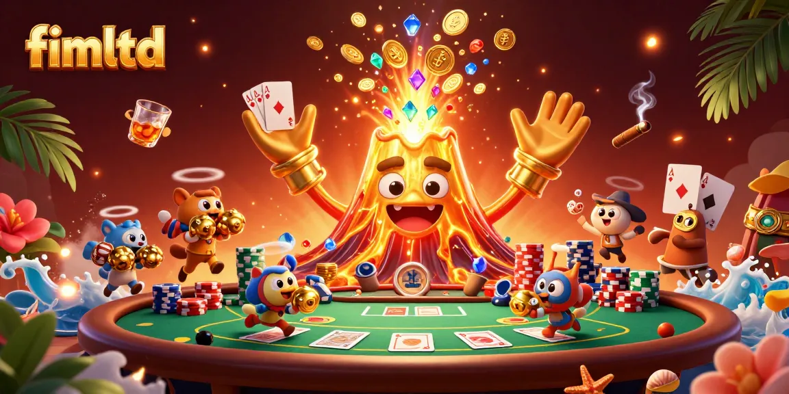 Experience winning thrills at fimltd, featuring epic golden volcano, treasure, poker chips, and vibrant casino action.