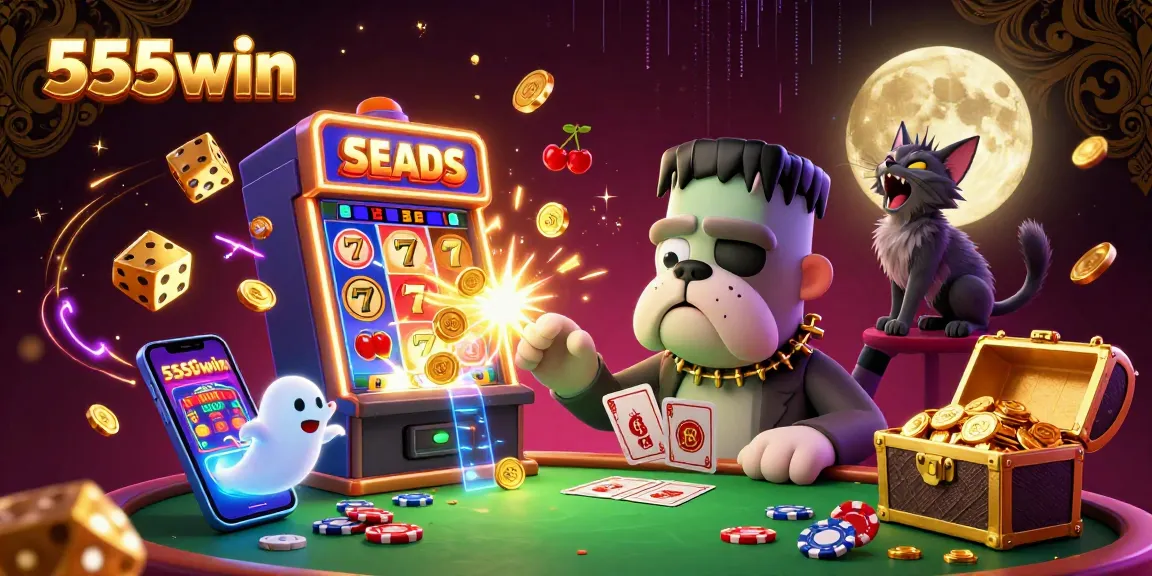 Experience gaming excitement with 555win at a vibrant casino scene featuring unique characters and dynamic elements.