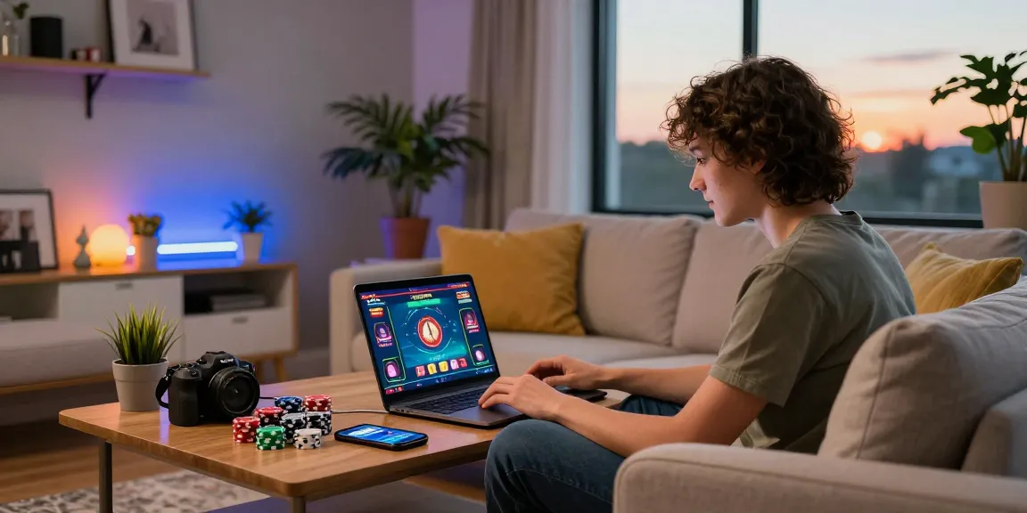 Enjoying gaming at casinos that accept credit cards in a cozy home setup with vibrant decor and sunset view.