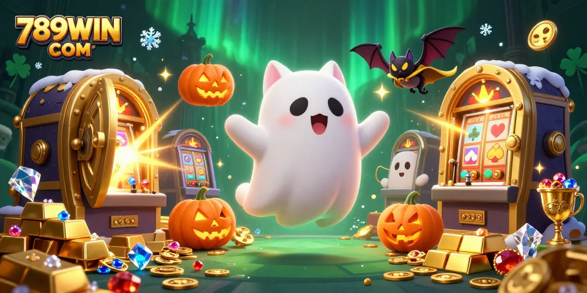 Engage with the thrilling atmosphere of 789WIN COM featuring a ghost cat and vampire bat in a haunted casino.